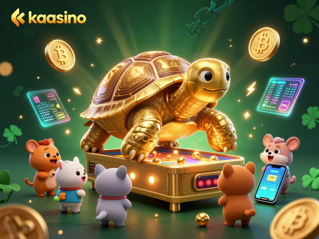 Play at kaasino with a vibrant 3D illustration of a golden tortoise pinball machine and various crypto elements