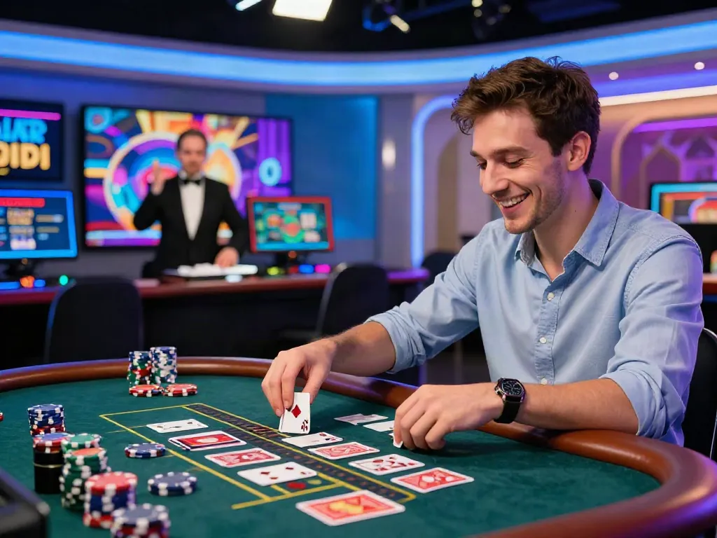 Exciting live casino experience at man88 with a player engaging with a dealer in a vibrant setting.