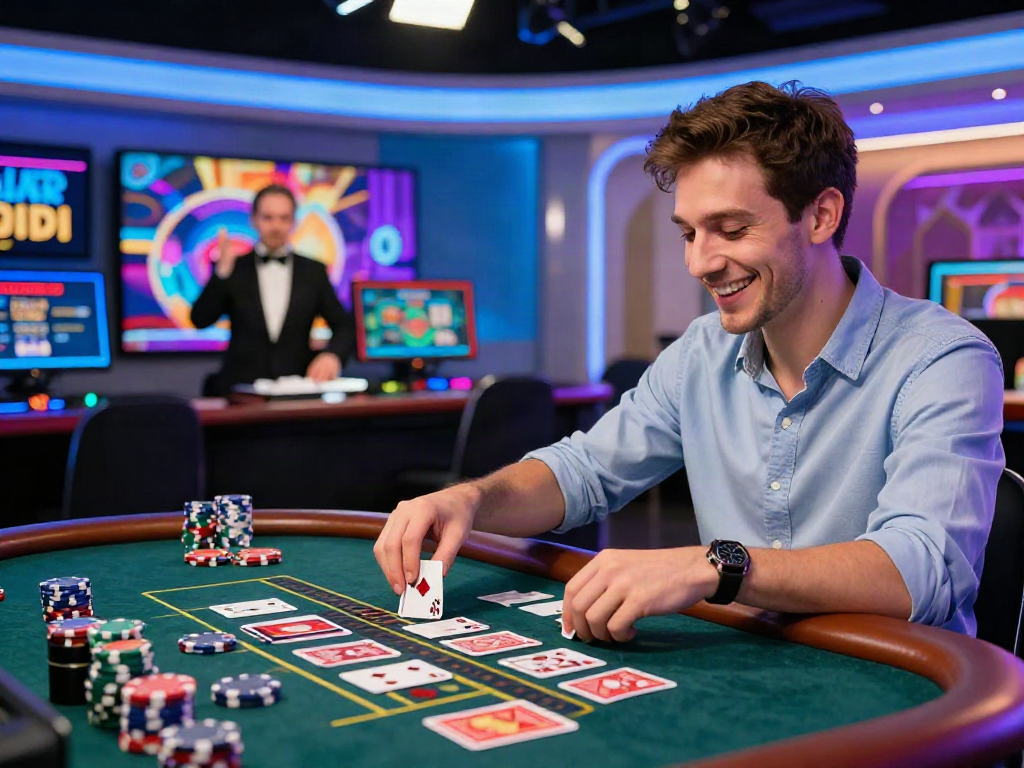 Exciting live casino experience at man88 with a player engaging with a dealer in a vibrant setting.