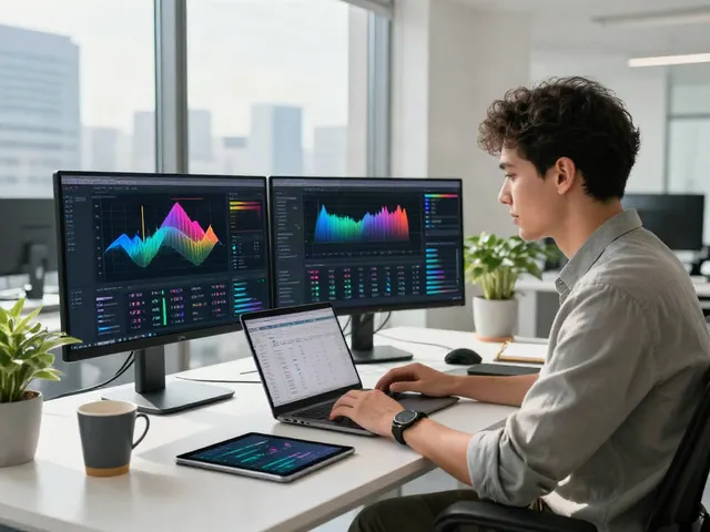 Data analyst optimizing AI with a GEO tool in a modern workspace