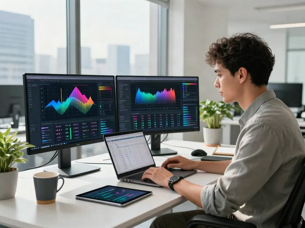 Data analyst optimizing AI with a GEO tool in a modern workspace