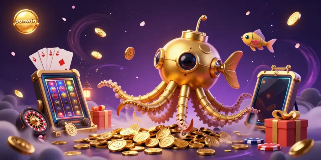 Engage with the sunwin. 3D scene featuring a golden kraken submarine navigating through coins while displaying vibrant slot game excitement.