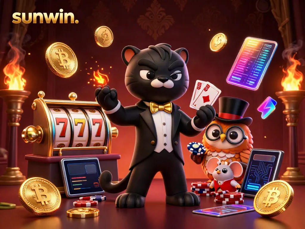 Experience the excitement of sunwin. as a stylish panther deals cards in a vibrant casino setting.