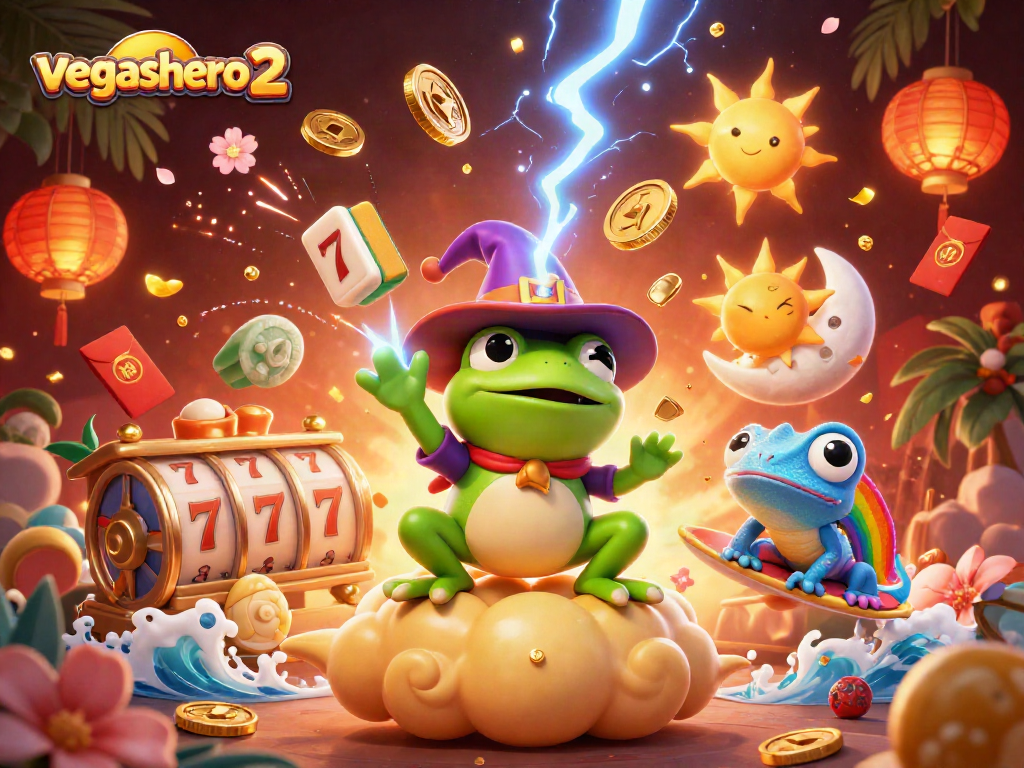 Experience the thrill of vegashero 2 as the wizard frog conjures golden coins amid dynamic casino elements