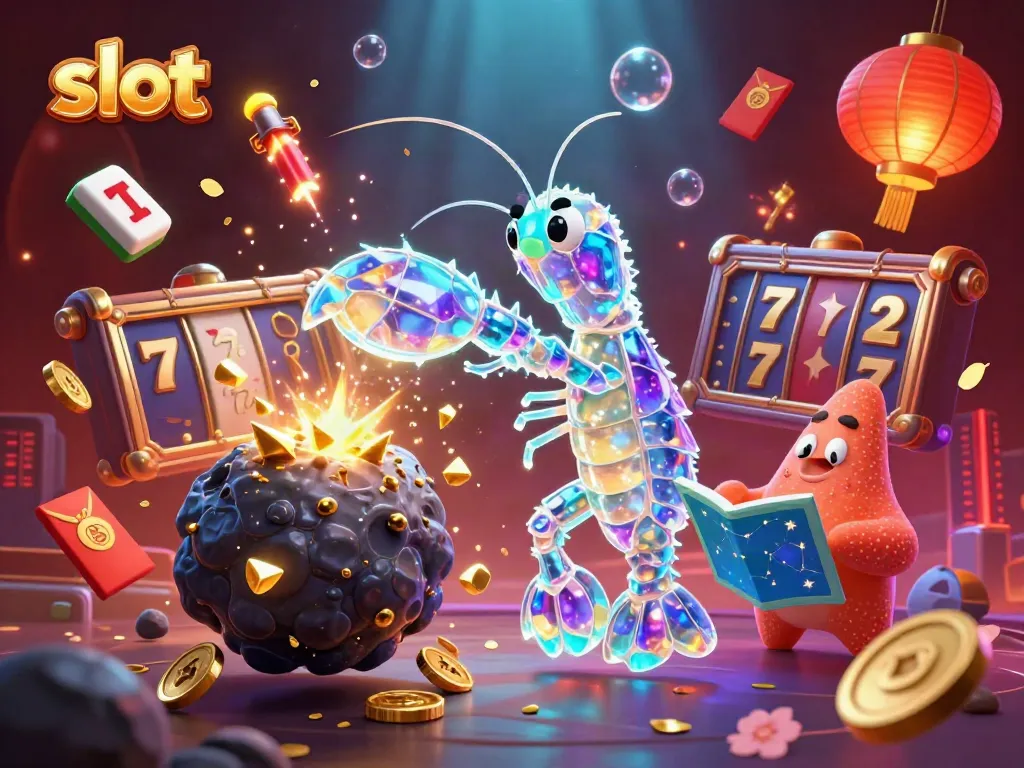 Experience thrilling slot action with a galactic shrimp battling an explosive asteroid shower of coins.