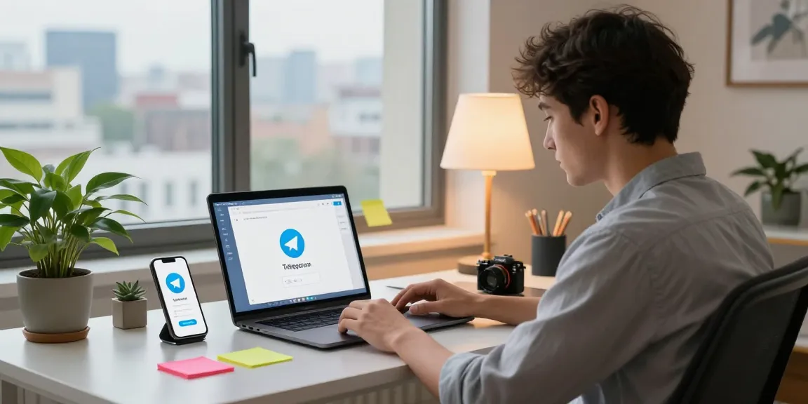 Download Telegram interface on laptop in modern workspace with vibrant decor.