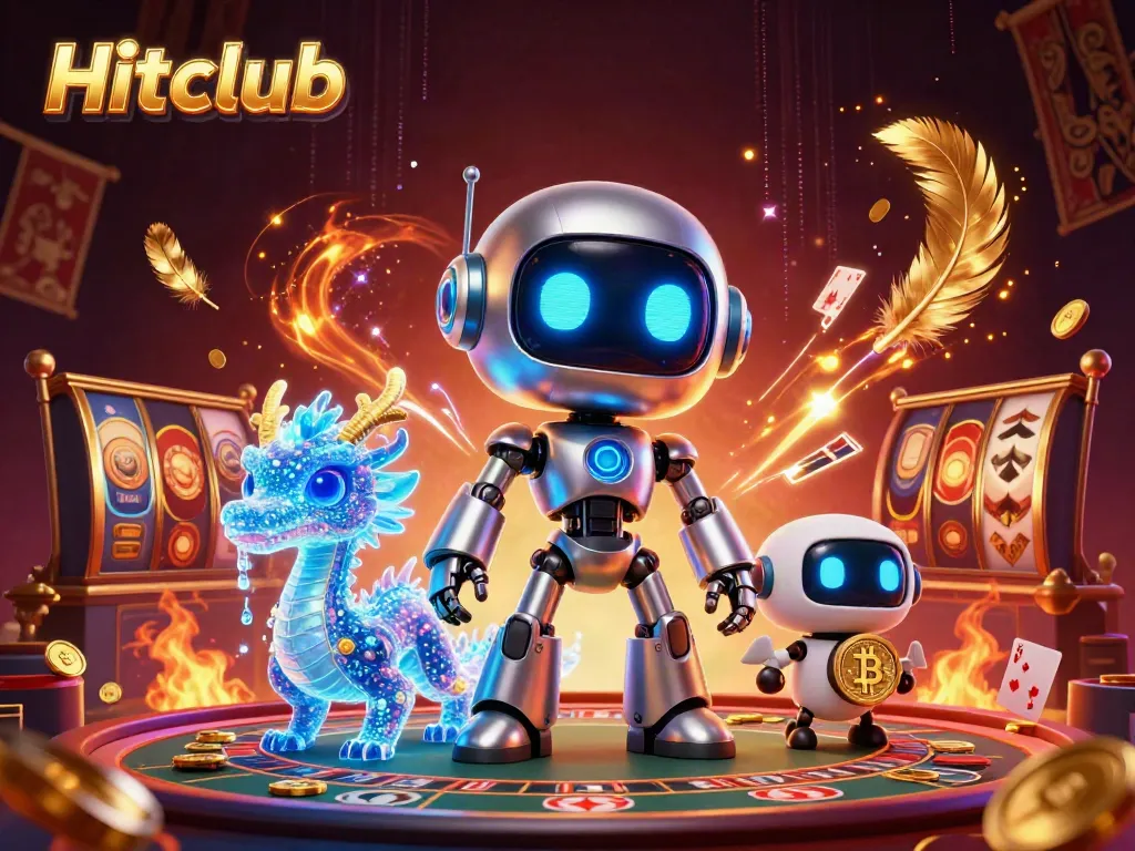 Hitclub's exciting gaming experience with a futuristic robot, AI dragon, and a drone in a vibrant live casino.
