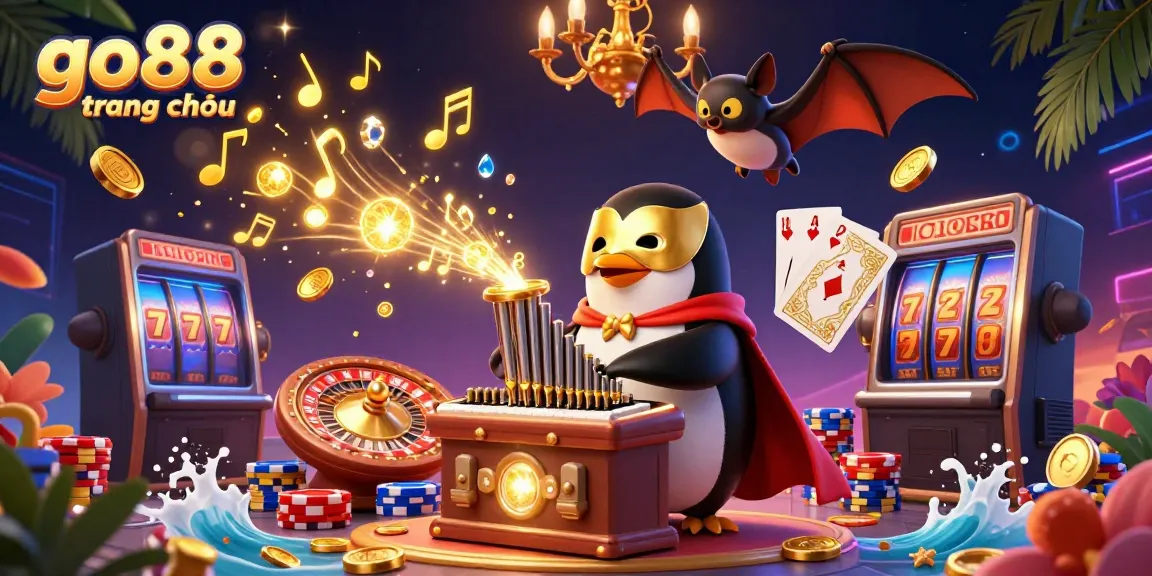 Experience thrilling gaming at go88 trang chủ with a vibrant scene featuring a penguin playing a golden coin organ.