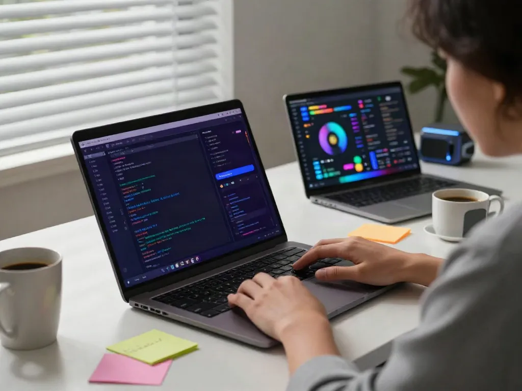 Download the APK of a music app on a modern tech workspace with dual monitors and gadgets.