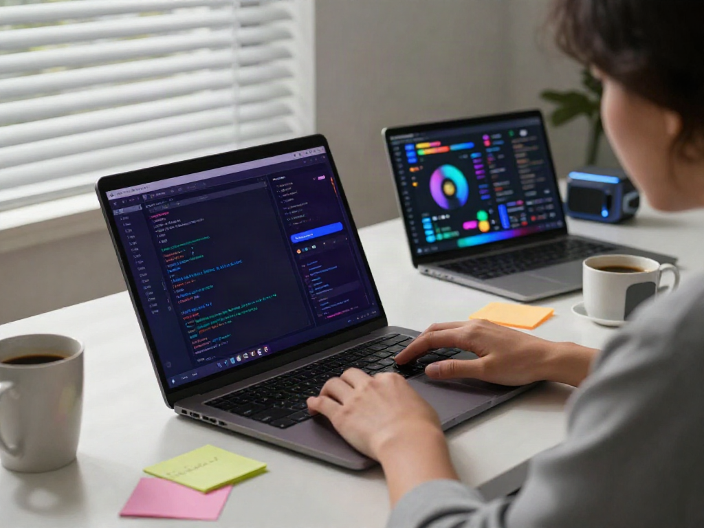 Download the APK of a music app on a modern tech workspace with dual monitors and gadgets.