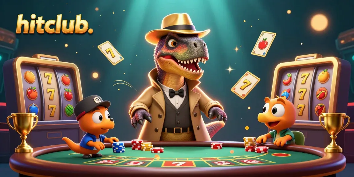 Hitclub. cartoon velociraptor playing blackjack, evoking excitement in a vibrant casino scene.