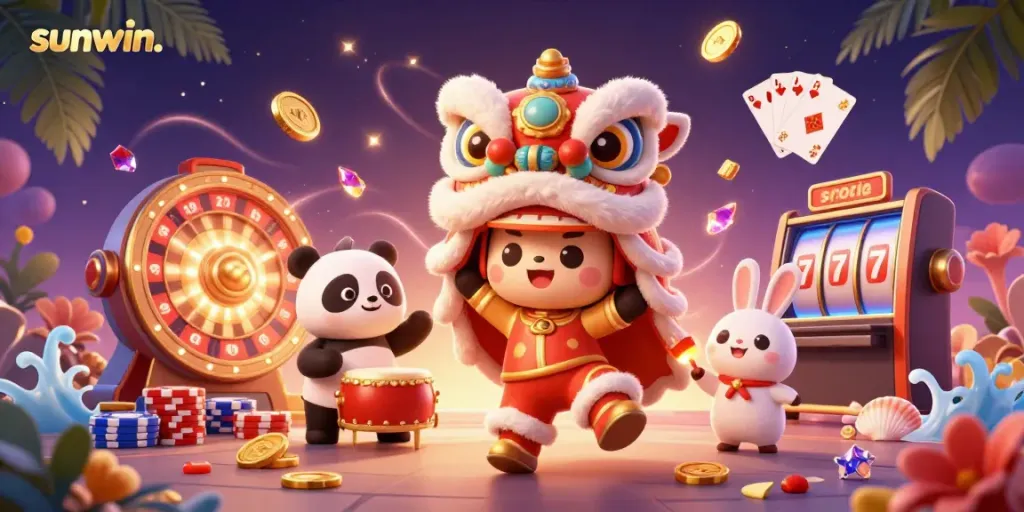 Experience the thrills of casino gaming with sunwin.'s vibrant 3D illustration showcasing festive characters and dynamic gaming elements.