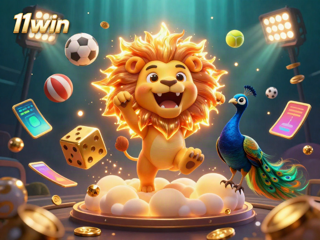 Experience excitement with 11win as golden dice and a roaring sun lion dominate the casino world.