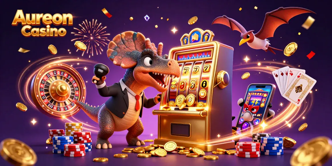 Aureon Casino showcases a cartoon pachycephalosaurus winning jackpot coins from a slot machine in a vibrant casino scene.