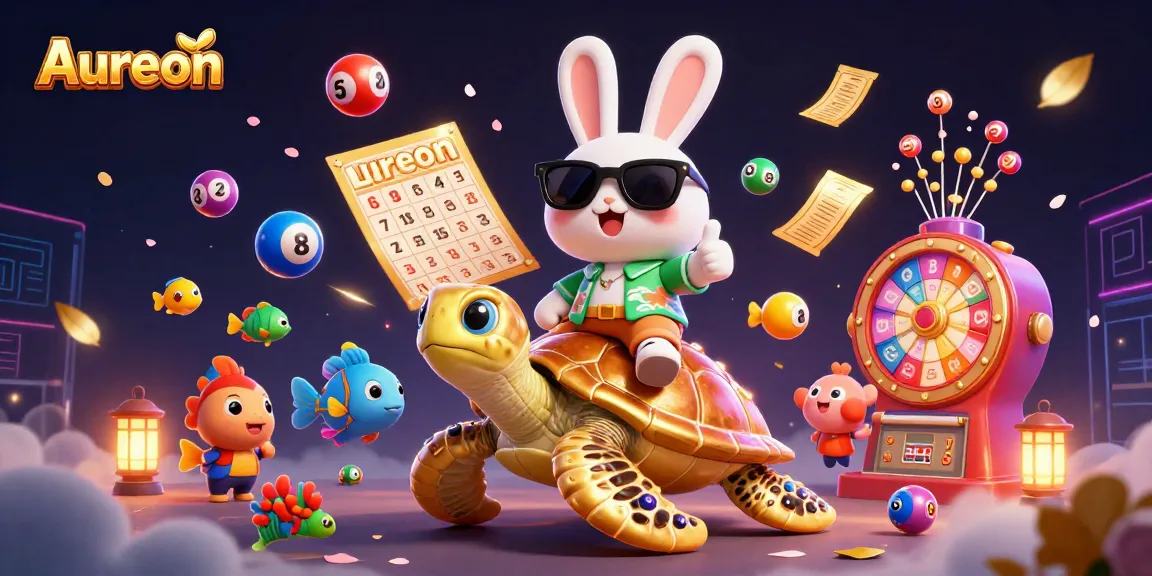Aureon casino welcomes players with a vibrant 3D scene featuring a lucky rabbit and a golden turtle amidst games.